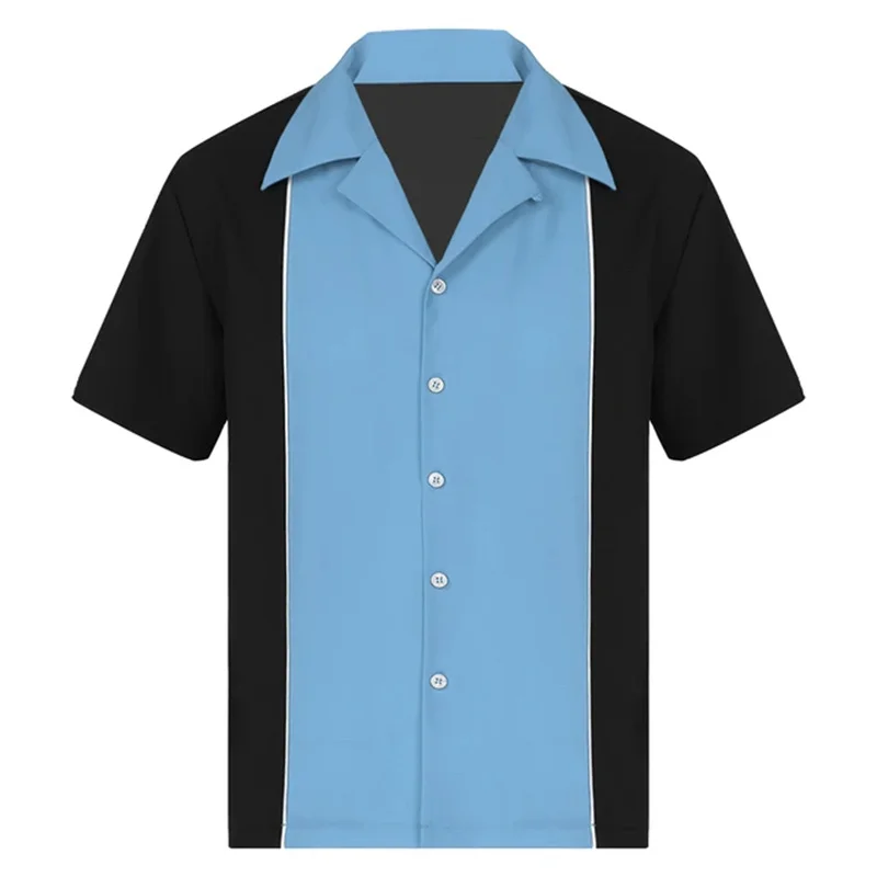 Selling new men\'s bowling shirt Retro short sleeve button casual 50t color block striped notch collar shirt 5XL