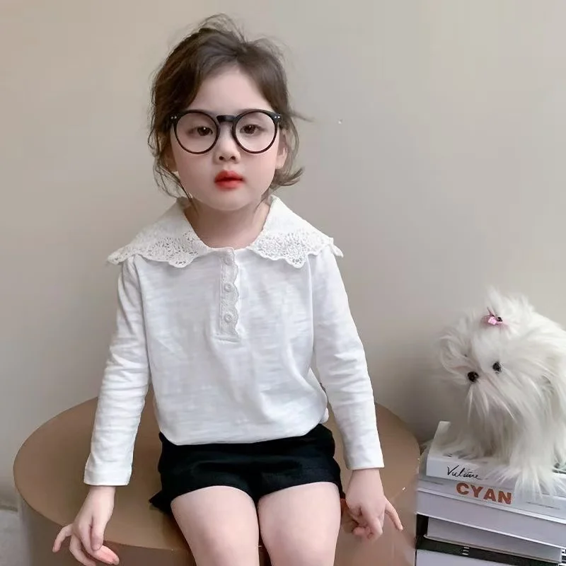 

2026 New Girl's White Lace Hooded Long Sleeved T-shirt Spring and Autumn Korean Version Children's Top Base Shirt 90-140CM