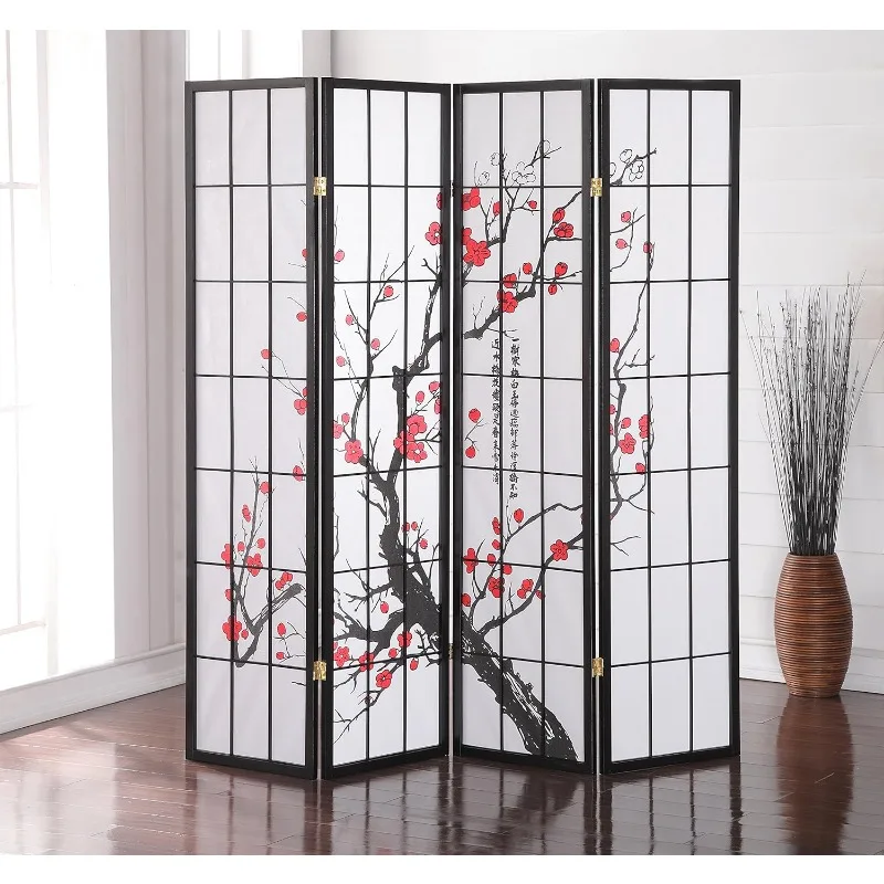 

Black Japanese 4-Panel Screen Room Divider, Plum Blossom