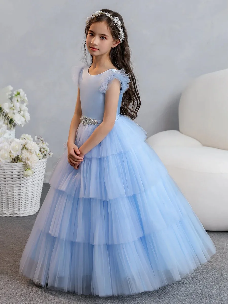 Girls light blue satin tulle flower girl dress, multi-layered ruffle dress, 2025 wedding party dress, girls pageant communion