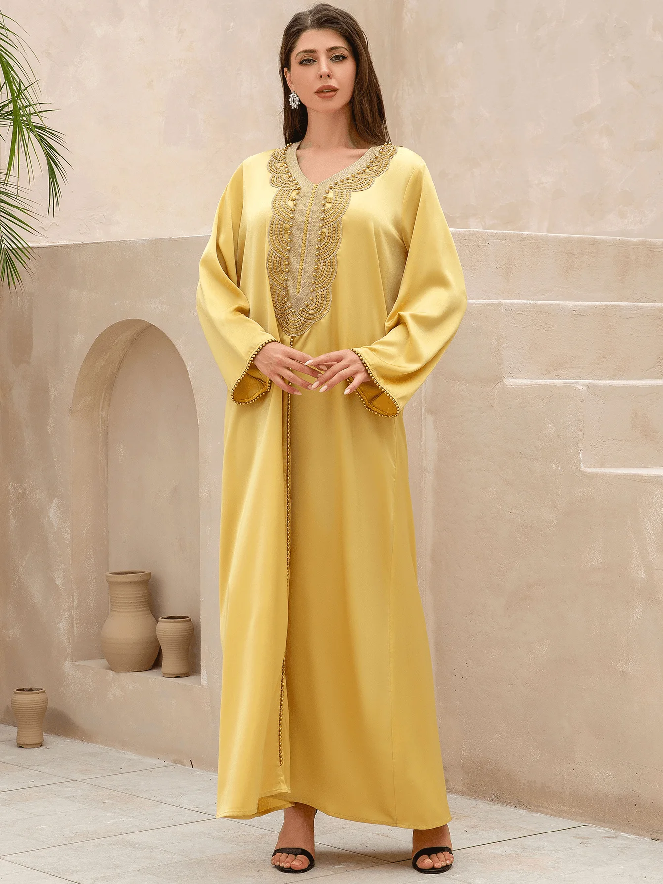 Robe musulmane perlée à col en V pour femmes, Abayas décontractées, Vêtements islamiques, Manches longues, Turquie, Arabie, Dubaï, Indépendance