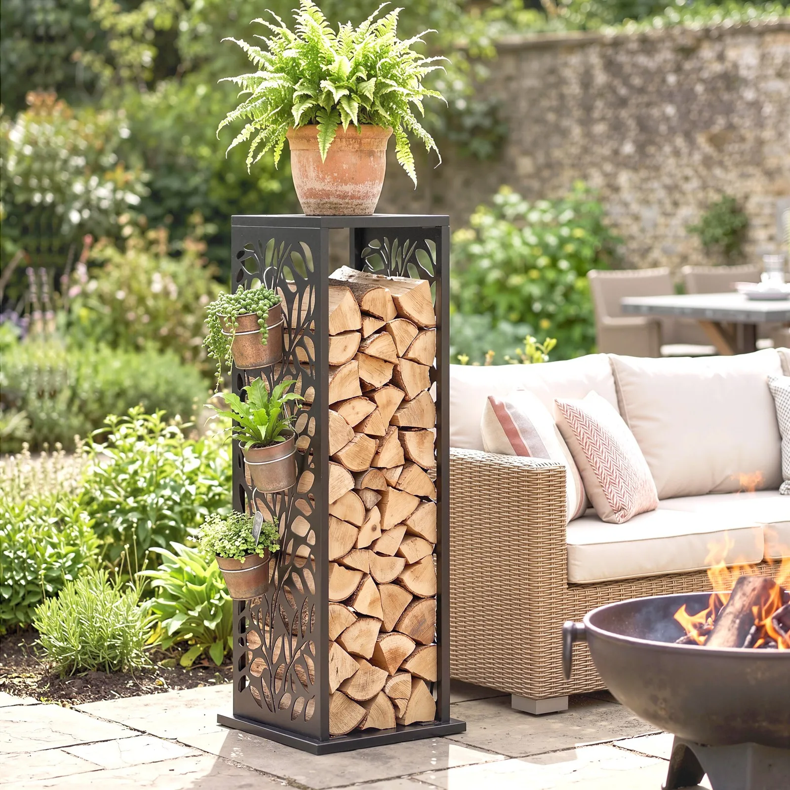 15 Inch Firewood Rack Outdoor Indoor with Cutout Design, Black