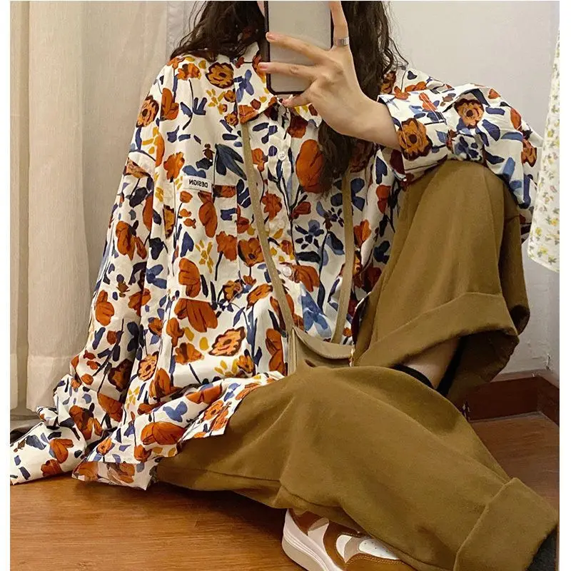 New American Retro Loose Hong Kong Style Fully Printed Floral Long Sleeved Shirt with Layered Design and Trendy Top