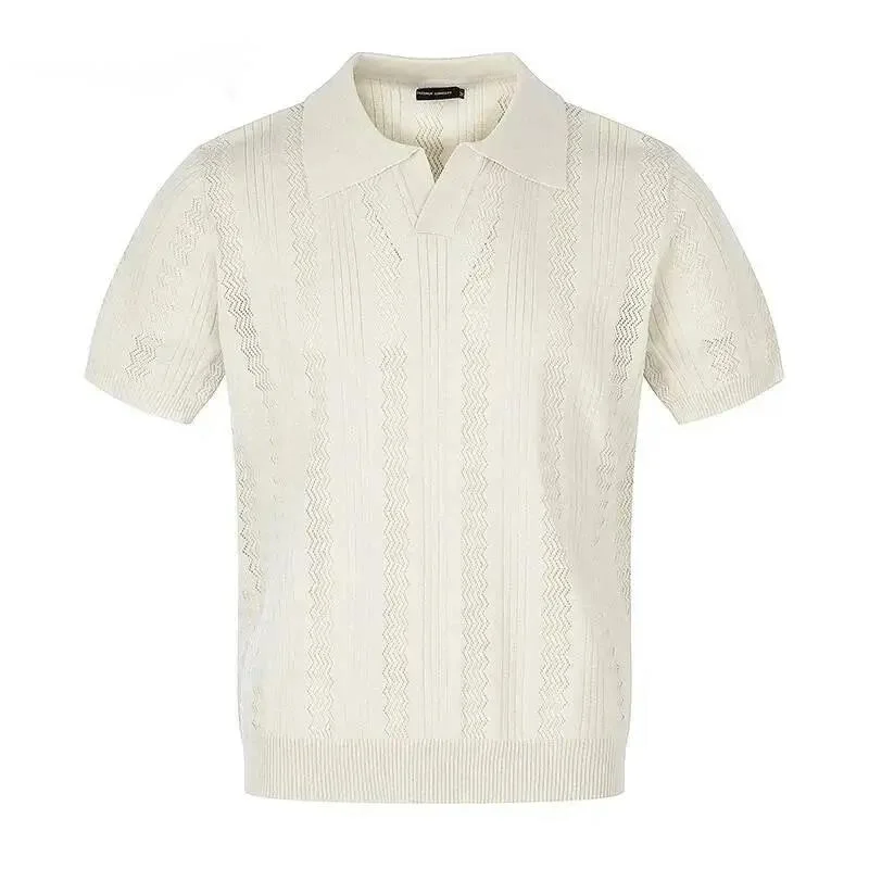 Vintage Old Money Style Summer Tee Knitted Short Sleeve Men's T-shirt American Casual Turn Down Collar Pullover Tops V452