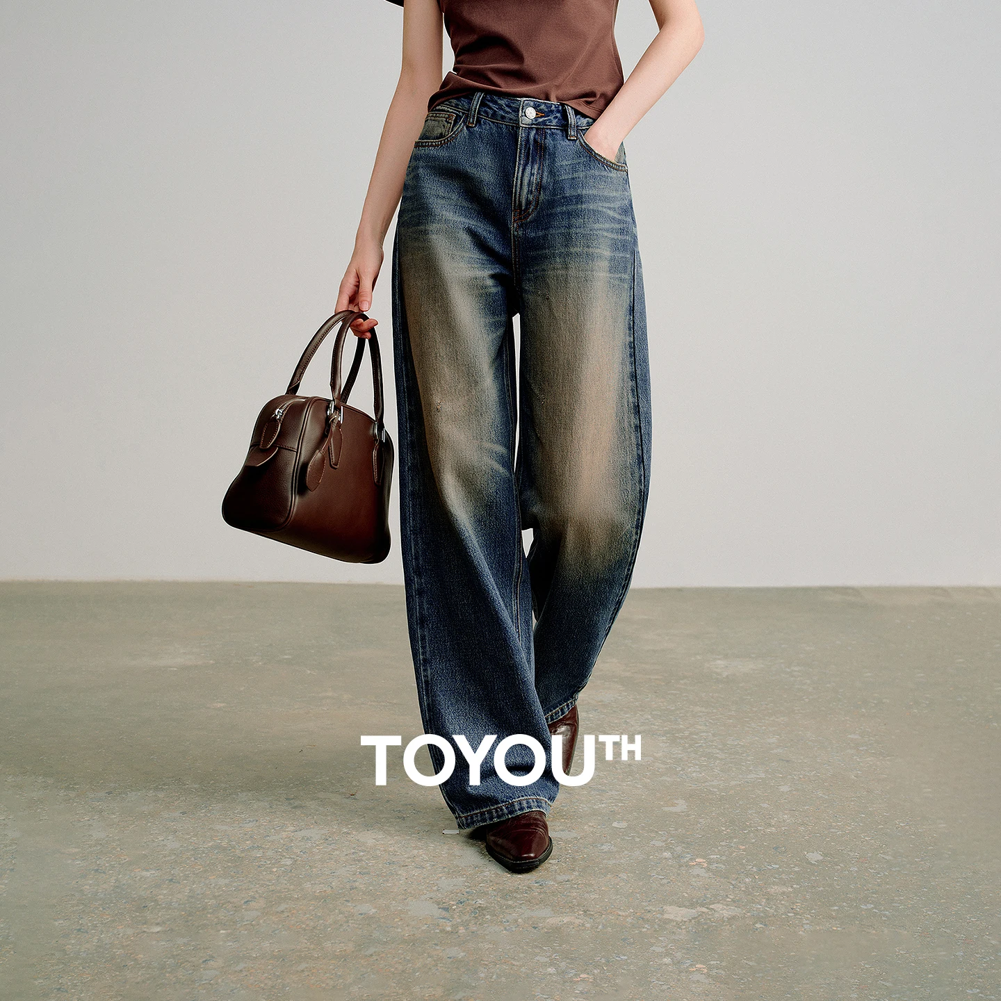 TOYOUTH Women Focus Denim Nomadic Dirty - Dyed Jeans 2026 Spring New High - Waisted Loose Cotton Straight - Leg Pants