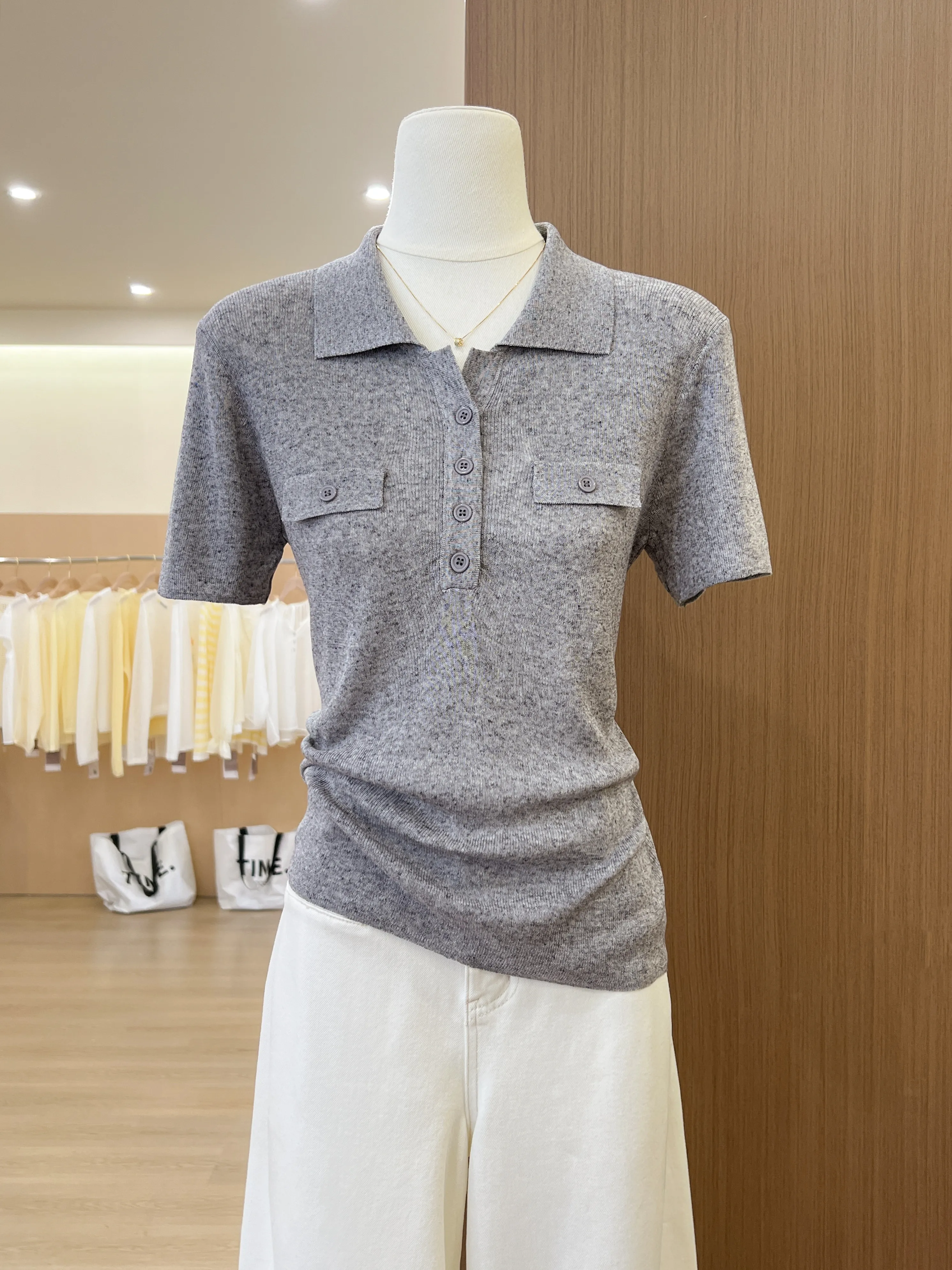 New Korean Style Women's Polo Collar Half-Placket Short Sleeve T-Shirt Summer Fashion Waist Drape Design Minimalist Casual Top
