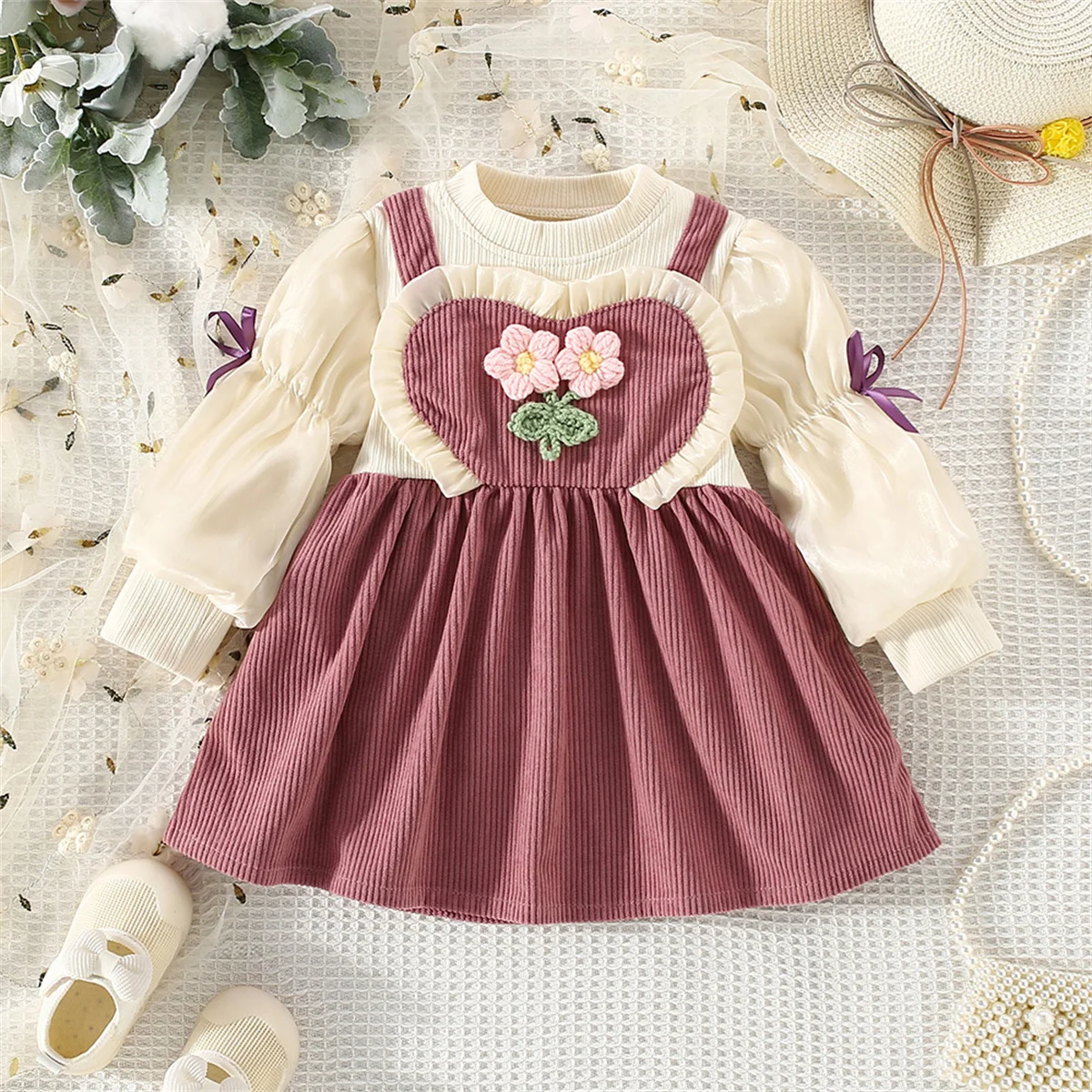 Autumn Baby Girls Long Sleeve Dress Spring Knitted Flower O Collar Fake Two Piece Princess Dresses Toddler Kids Clothes