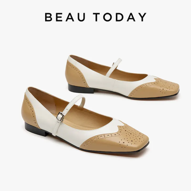 

BeauToday Mary Janes Women Genuine Calfskin Leather Square Toe Brogue Mixed Colors Buckle Strap Ladies Shoes Handmade 28289