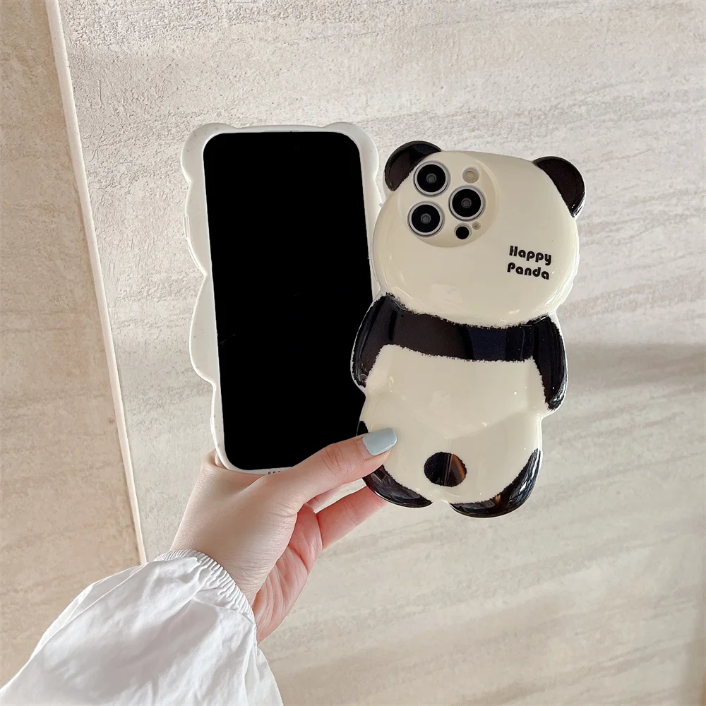 Cartoon 3D Panda Silicone Phone Case for iPhone 15 14 ProMax 11 12 13 Pro Max XR X Xs Max Lens Protection Plating Bumper Cover