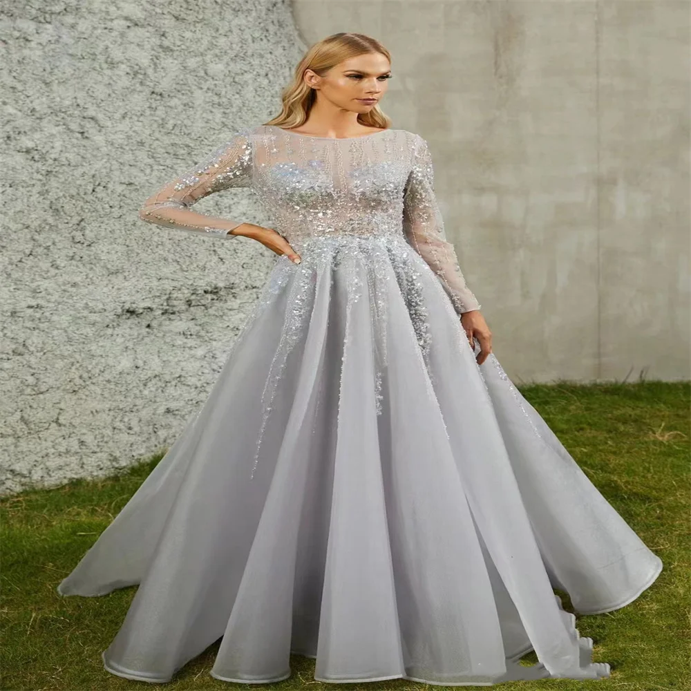 

Gray Long Sleeve Sheer Neck Prom Dresses Lace Appliqued Beaded A Line Party Dresses Women's Formal Occasion Elegant Gowns