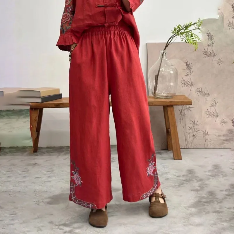 Embroidered Cotton and Hemp Summer Ethnic Style Leisure Art Retro Splicing High Waist Loose Solid Color Loose Wide Leg Pants