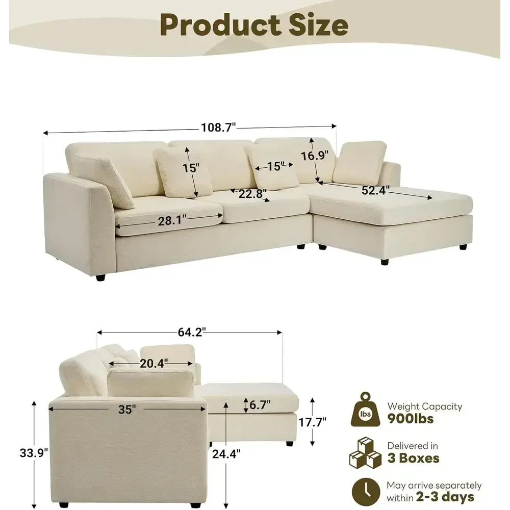 Cream L-Shaped Sectional Sofa with Reversible Chaise, 108 Cozy Upholstered Living Room Furniture, Premium Chenille, Convertible