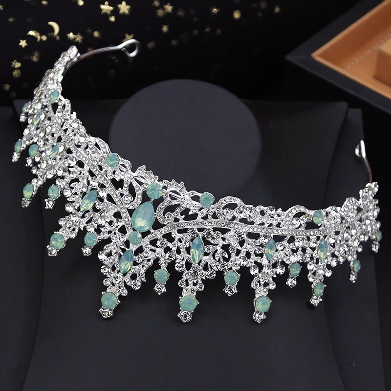 Water Drop Opal Green Crystal Crown Tiara Headband for Party Pageant Birthday Wedding Hair Jewelry Accessories