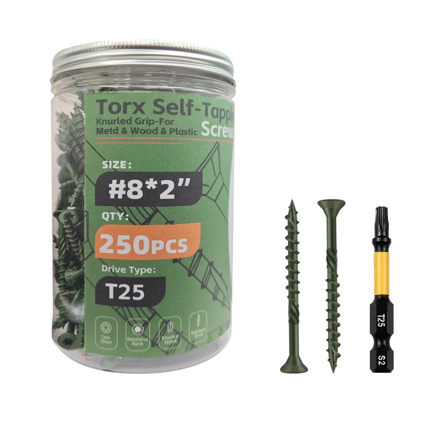 

VKKM 250Pcs #8×2" Green Torx Self - Tapping Screws – T25 Drive, Knurled Grip, Rust - Resistant, for Metal, Wood & Plastic