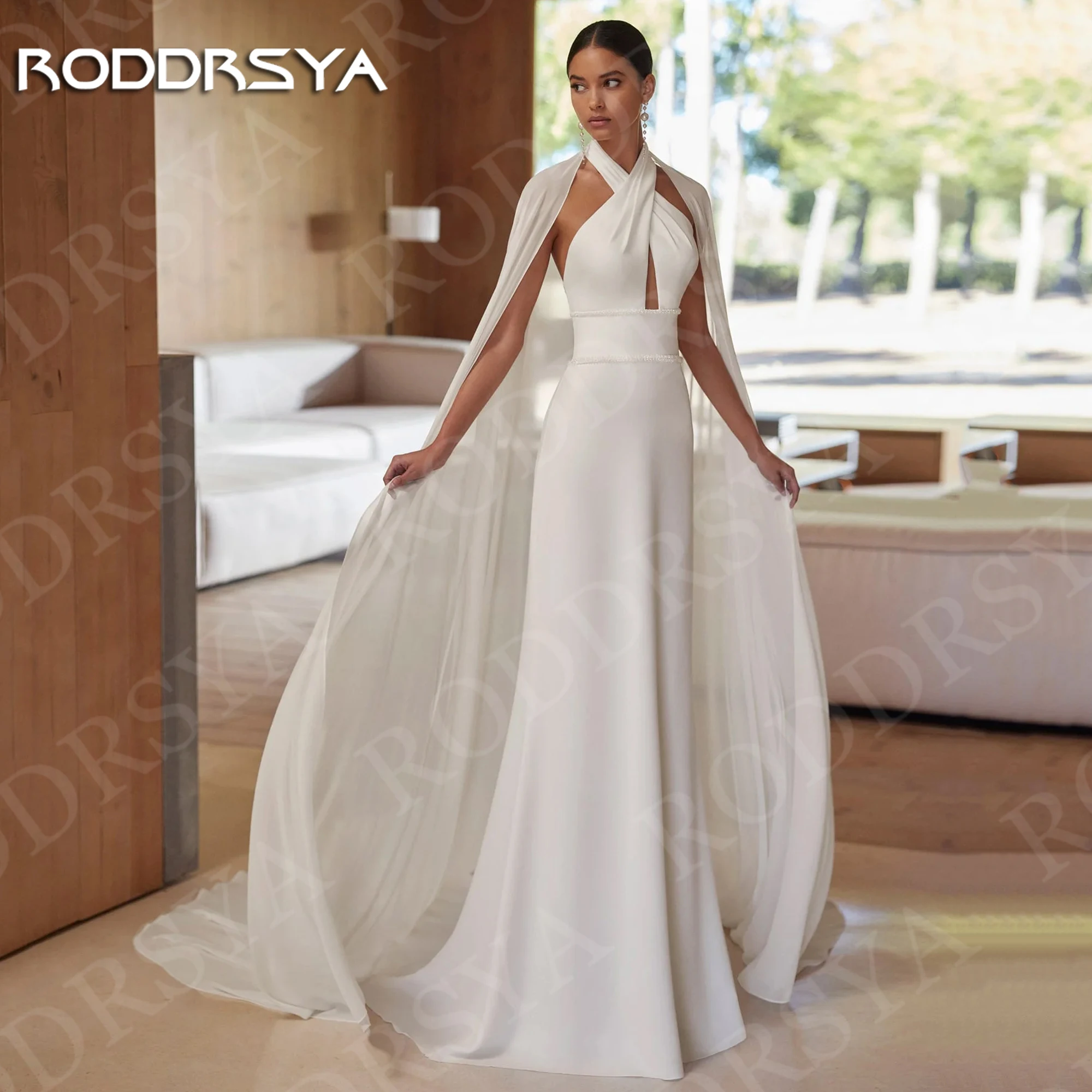 RODDRSYA Customized Simple Halter Wedding Dresses Women Boho Chiffon Sleeveless Mermaid Bridal Gown with Shawl Open Back Ivory