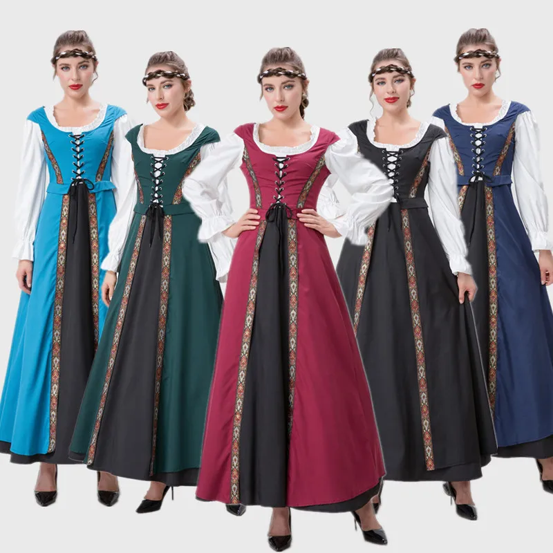 Medieval Renaissance Square Collar Waist Two Piece Dress Retro Court Drama Costume