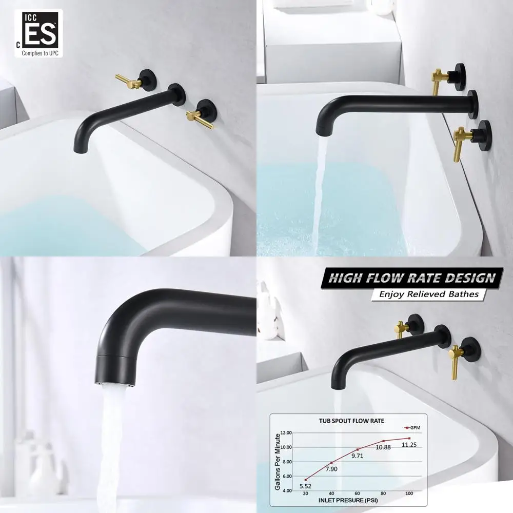 

Элегантный черно-золотой настенный смеситель для ванны с длинным изливом и высокой скоростью потока воды