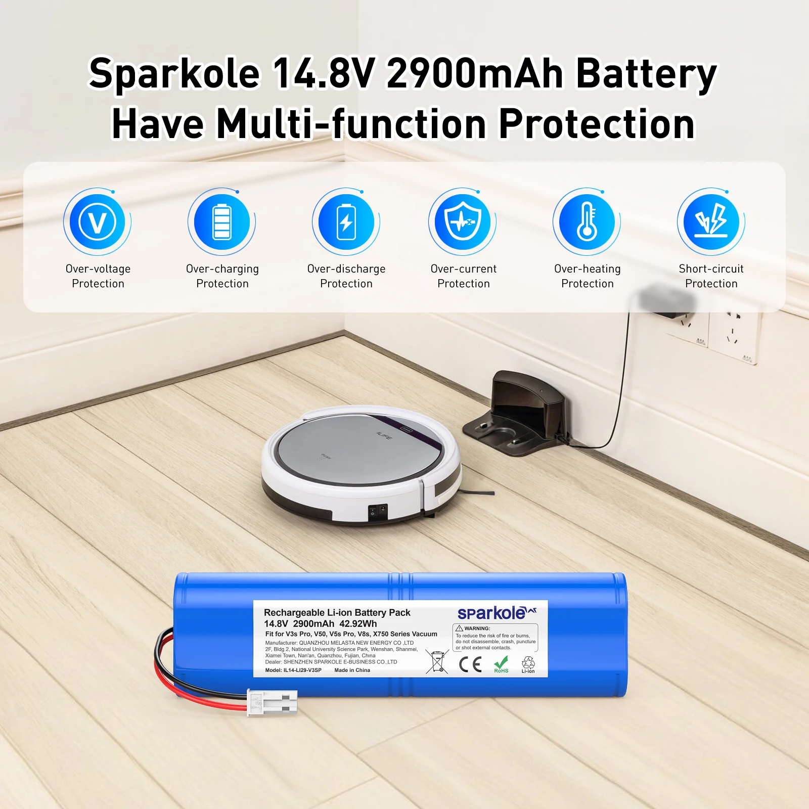 Sparkole Lithium Battery Replacement For Ilife Zaco V3s V5s Ecovacs V3s V3s Pro V4 V40 V5 V5s Pro V50 V80 V8s V85 X750 14.8V