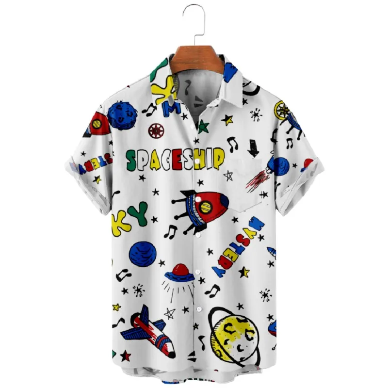 Men's Space Planet Rocket White Print Shirt With Pocket Casual Short Sleeve Hawaiian Beach Clothing Tops