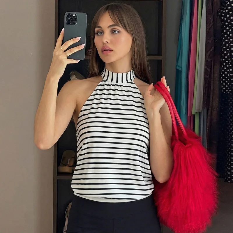 

Women's Clothing 2026 Spring and Summer New Fashion Printed Striped Top Personalized Lace-up Knitted Small Vest Women