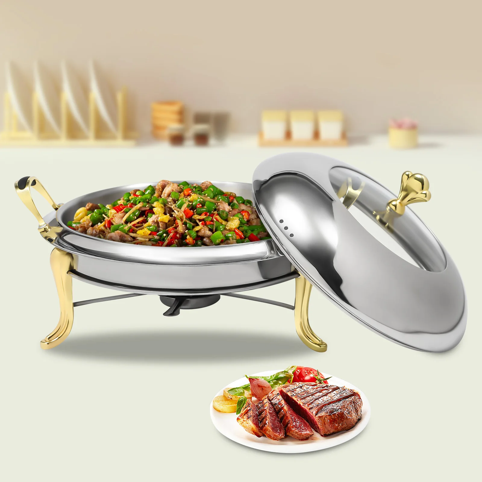 

24cm Chafing Dish Round Buffet Food Warmer Tray Stainless Steel Gold w/Holder