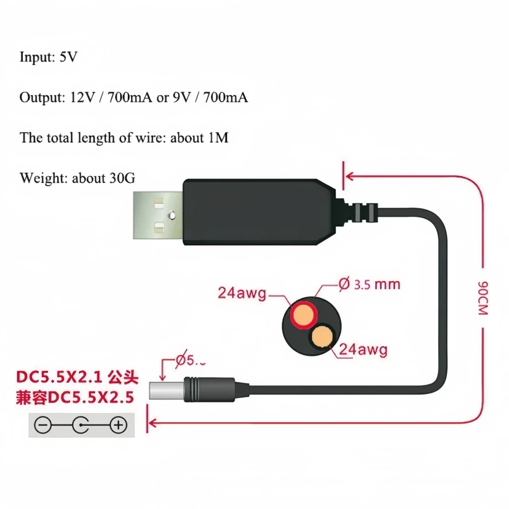 TZW Usb Power Boost Line Dc 5v To Dc 9v / 12v Step Up Module Usb Converter Adapter Cable 2.1x5.5mm Plug