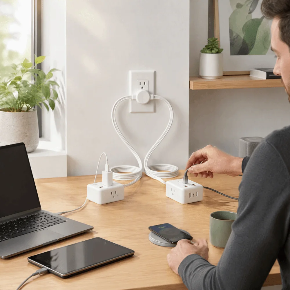 2 USB Ports Power Strip Solid Copper Wire Flame-Retardant PC Housing Dual Extension Cord Power Strip 110V 15A Durable Cord