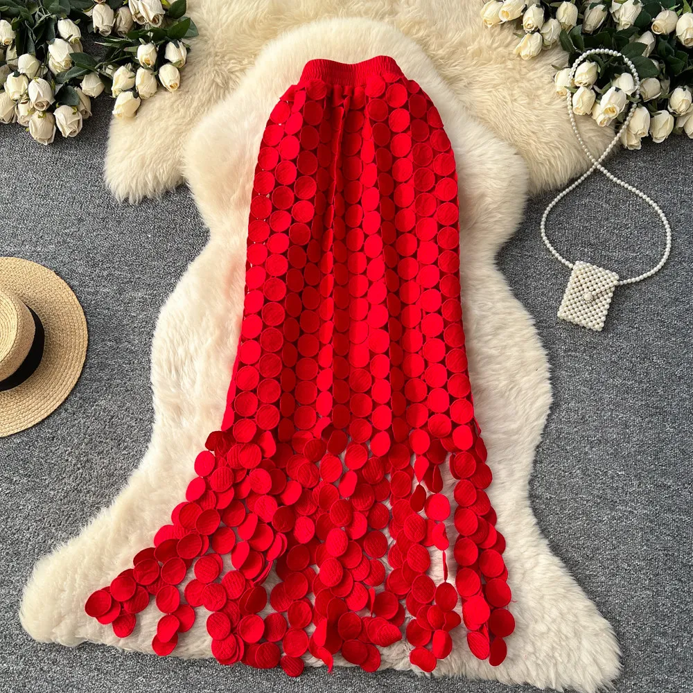 Hollowed-out dot fringed half-length skirt for women - A-shaped mid-length business dress