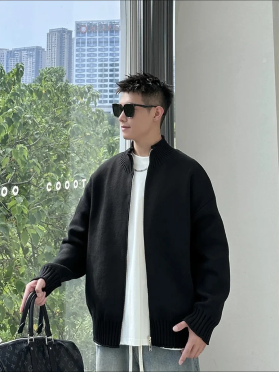 Fall Winter New Sle Japanese Zipper Open Cardigan Men's Faionable Loose Simple  Color Knitted Sweater Trendy