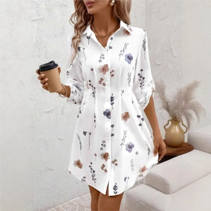 

Women's Floral Printed Shirts Dress Autumn New Elegant Lapel Folds Slim Waist Mini Dresses For Women Vestidos Casual Long Shirt