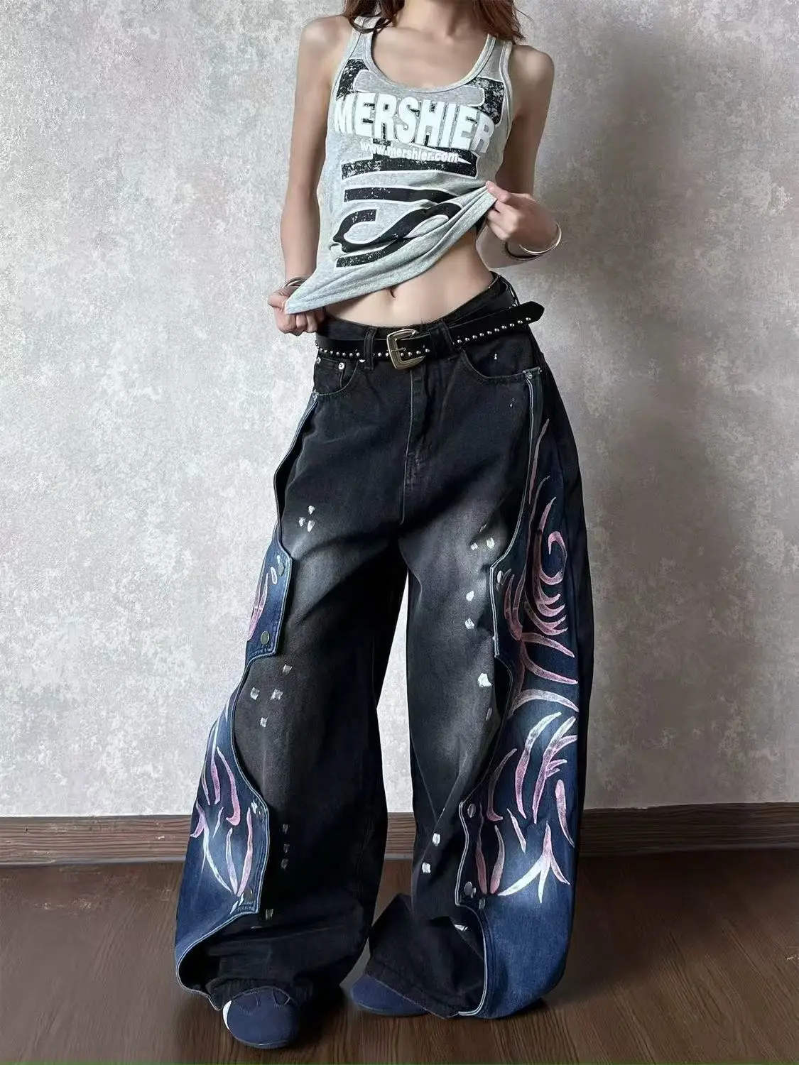 American Retro Street Color Contrast Rivet Stitching Design Printed Jeans Men and Women Wide-leg Machete Casual Pants Tide