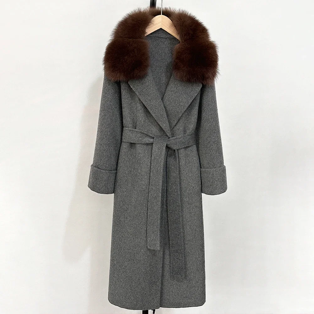 

Women's Warm Real Fox Fur Collar Wool Jacket New Wool Blend Coat Fashion Elegant Woolen Coat Female Winter Double-sided Cashmere