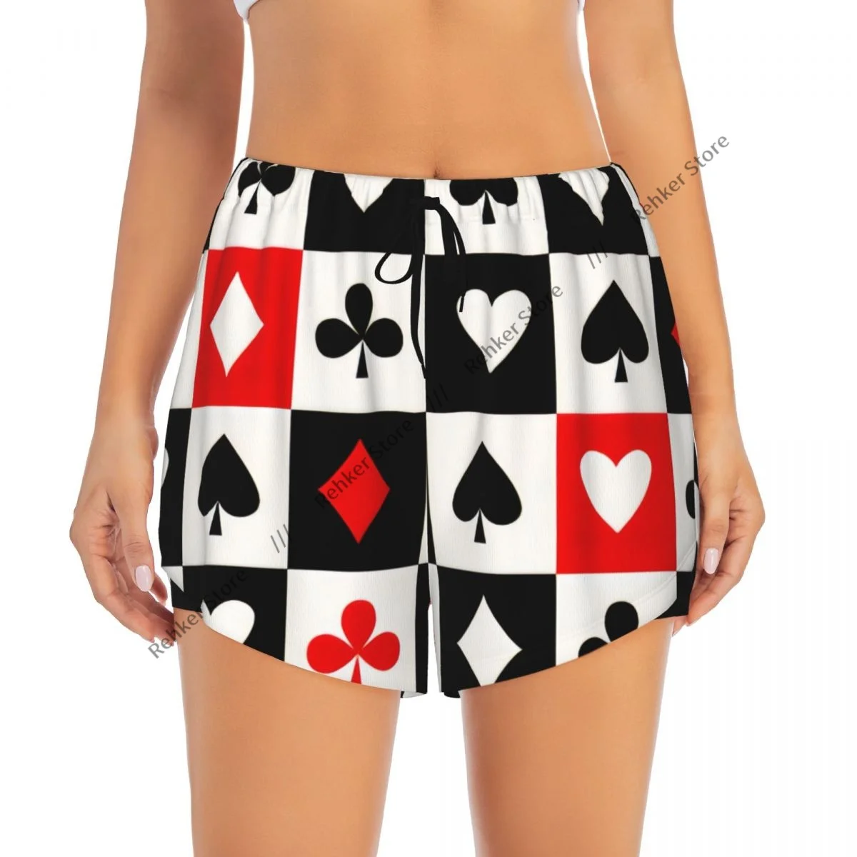Frauen Yoga Shorts Rot Schwarz Poker Quadrat Plaid Herz Spielkarten Leichte Schnell Trocknend Atmungsaktive Outdoor Laufshorts
