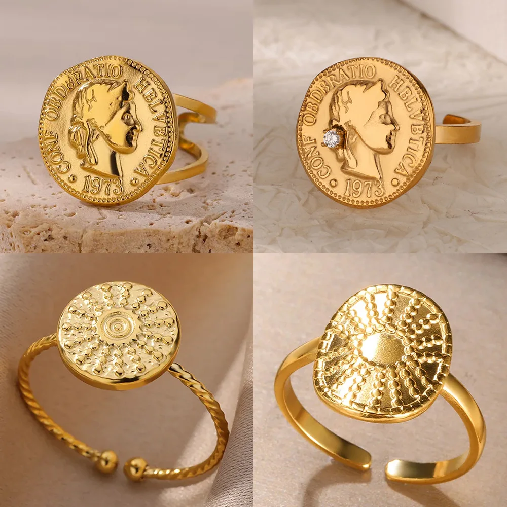 Vintage Egyptian Queen Goddess Rings For Women Gold Color Stainless Steel Portrait Medal Ring Fashion Aesthetic Jewelry Gift