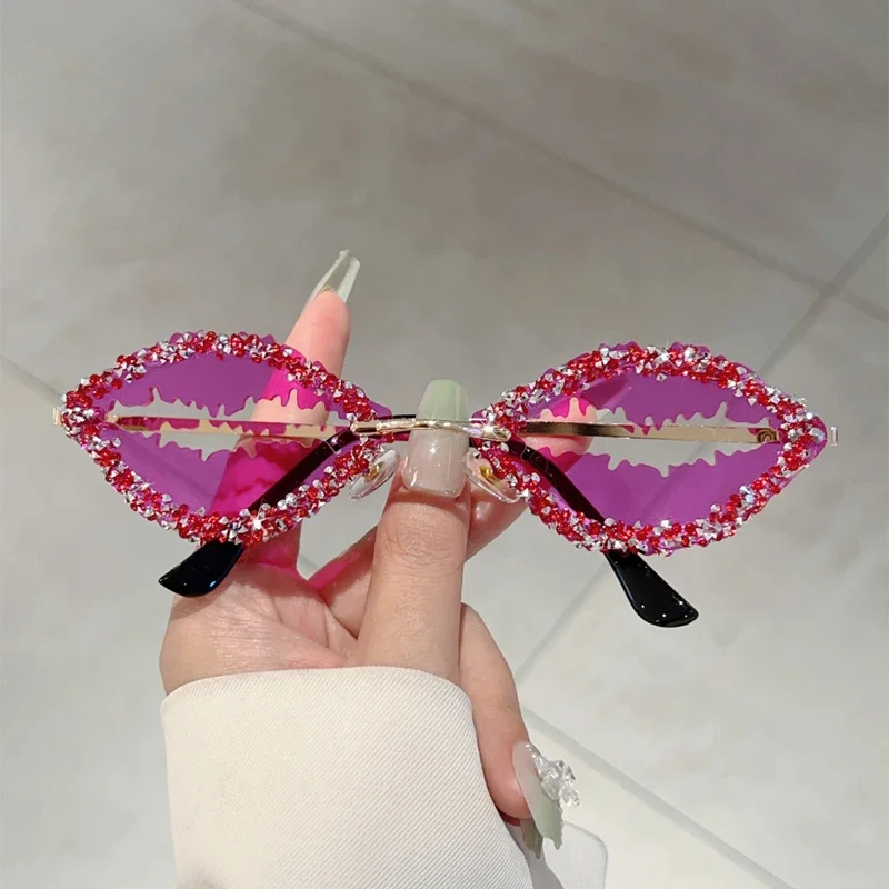 KAMMPT Rimless Lips Shaped Sunglasses with Rhinestones Trendy Women Stylish Vintage Decor Shades Trendy Funny Rave Sun Glasses