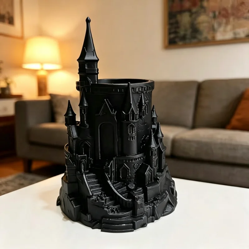 Medieval Castle Sculpture Pen Cup,3D Printed Dark Fort Stationery Holder,Tabletop Decor Ornament For Study Room Desk Storage