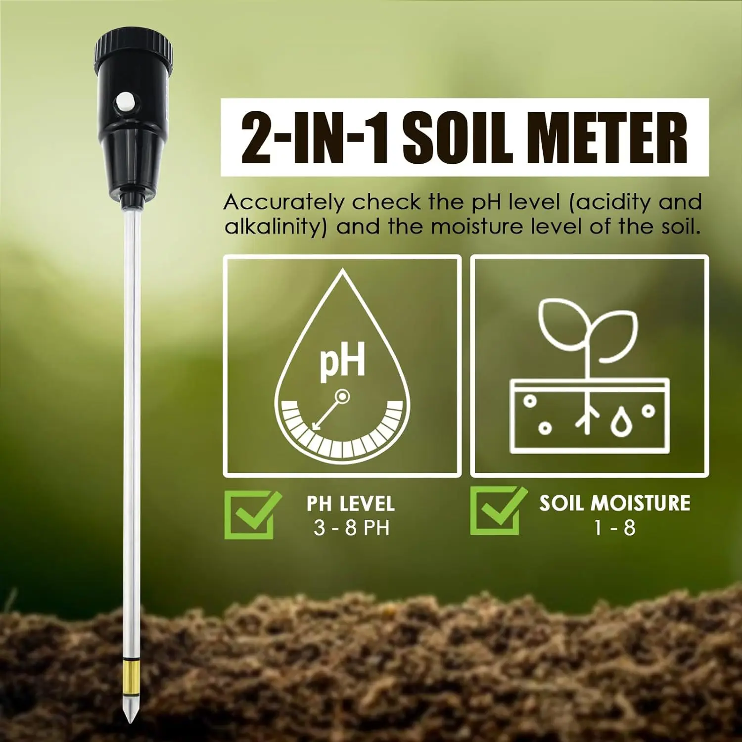 High-Precision Two-In-One Soil Tester, High-Sensitivity Ph Meter, Soil Moisture Meter with Long Probe