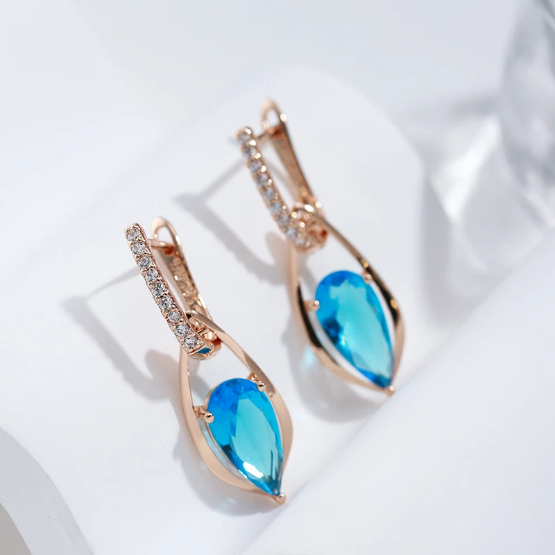 Wbmqda Luxury Blue Natural Zircon Long Drop Earrings Ring For Women 585 Rose Gold Color Fashion Wedding Party Fine Jewelry Sets