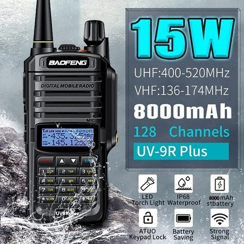 Baofeng UV-9R 플러스 워키토키 듀얼 밴드, 15W IP68 방수, 16km 장거리 휴대용 VHF/UHF 트랜시버, CB 사냥 햄 라디오