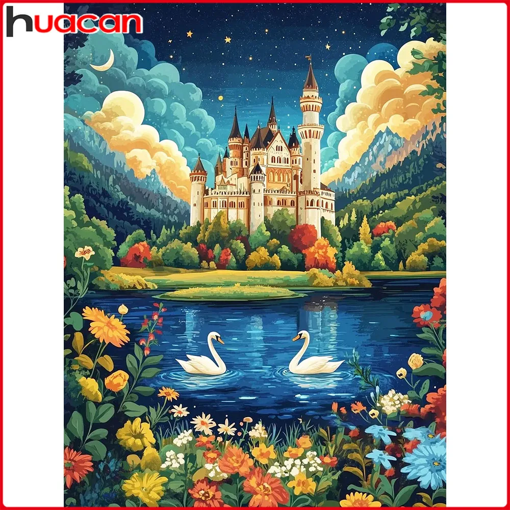 Huacan Vollständiges Diamant-Gemälde Schwan-Schloss Diamant-Mosaik Tier-Landschaftskunst Dekorative Gemälde
