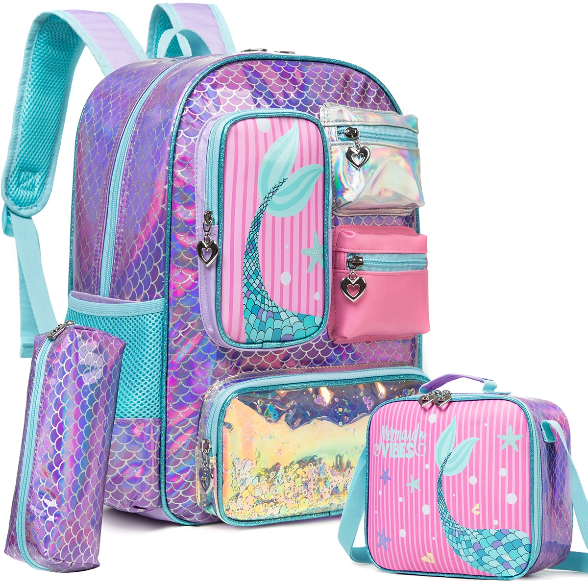 Meetbelify Mermaid Backpack for Girls Bookbag for Girls with Lunchbag and Penbag for Elementary Students