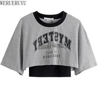 Camiseta con estampado gráfico Vintage para mujer, Top corto de manga corta Y2k, ropa holgada Sexy de dos piezas, conjunto de camiseta para mujer 2025