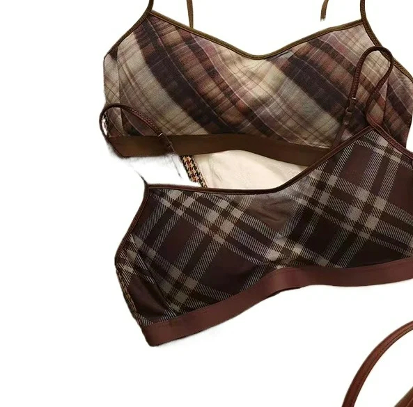 

KUCLUTFrench Vintage Diamond Grid Comfortable Thin Strap Underwear Natural Feel Gathered Small Chest No Steel Ring Bra DC1818