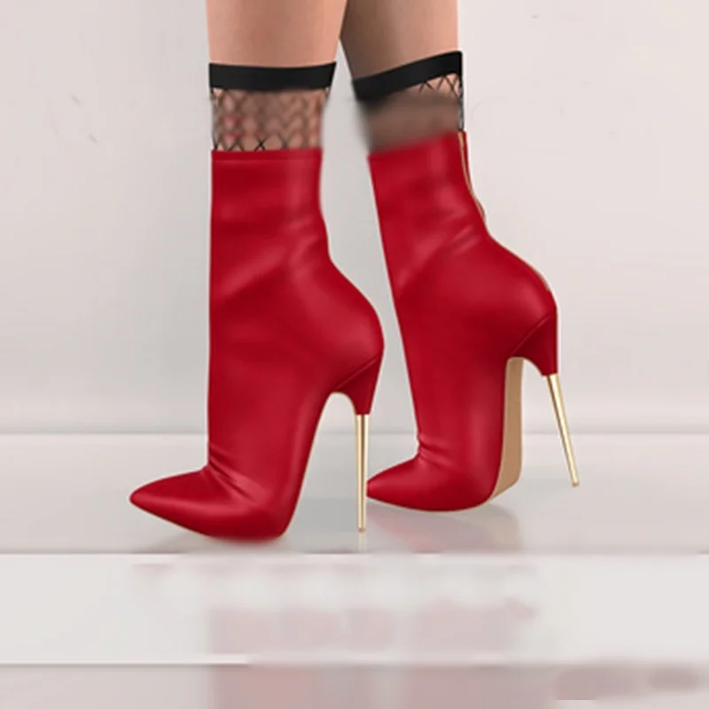 

Red Matte Mid Calf Pointed Toe Boots Thin High Heel Rivet Fashionable Sexy 2024 Winter Big Size Woman Shoes Zapatillas Mujer