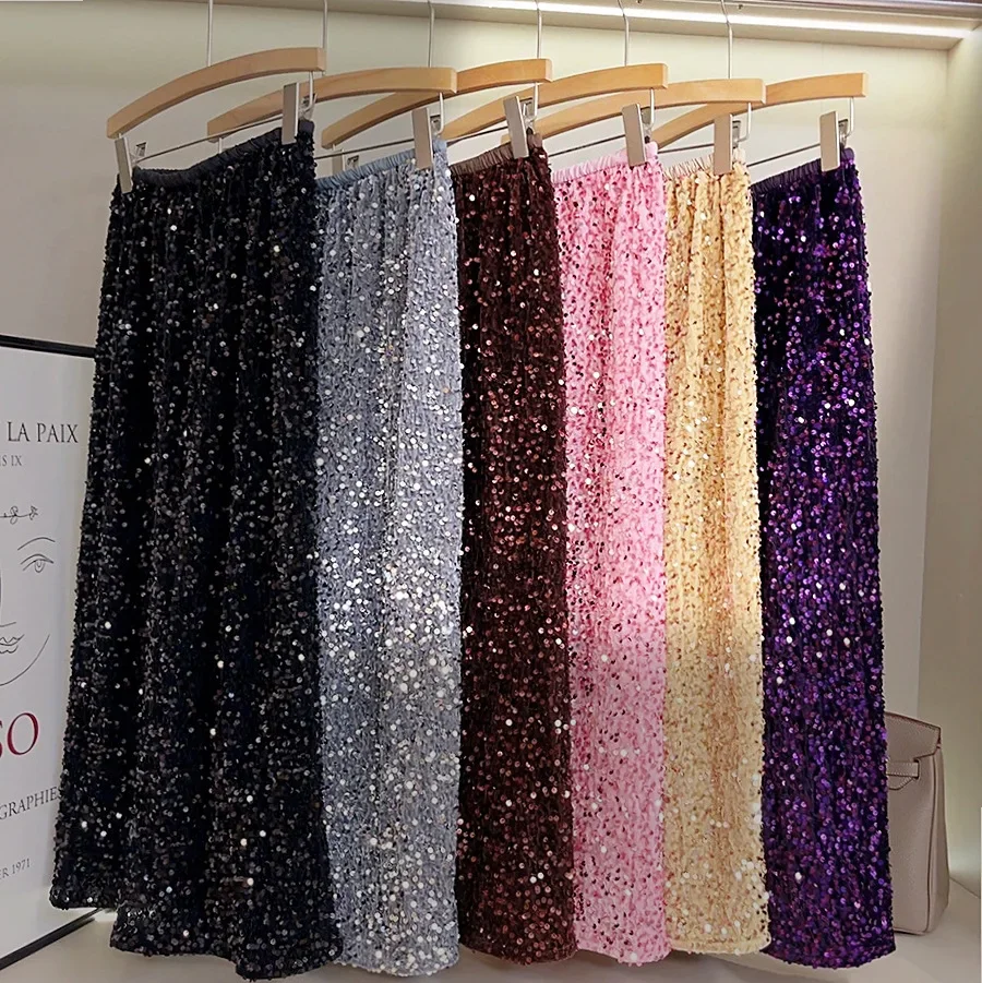 Female Fashion Sequined Velvet Skirt Fashion Birthday Party Club Slim Hip Wrap Long Sparkling Skirt for Women