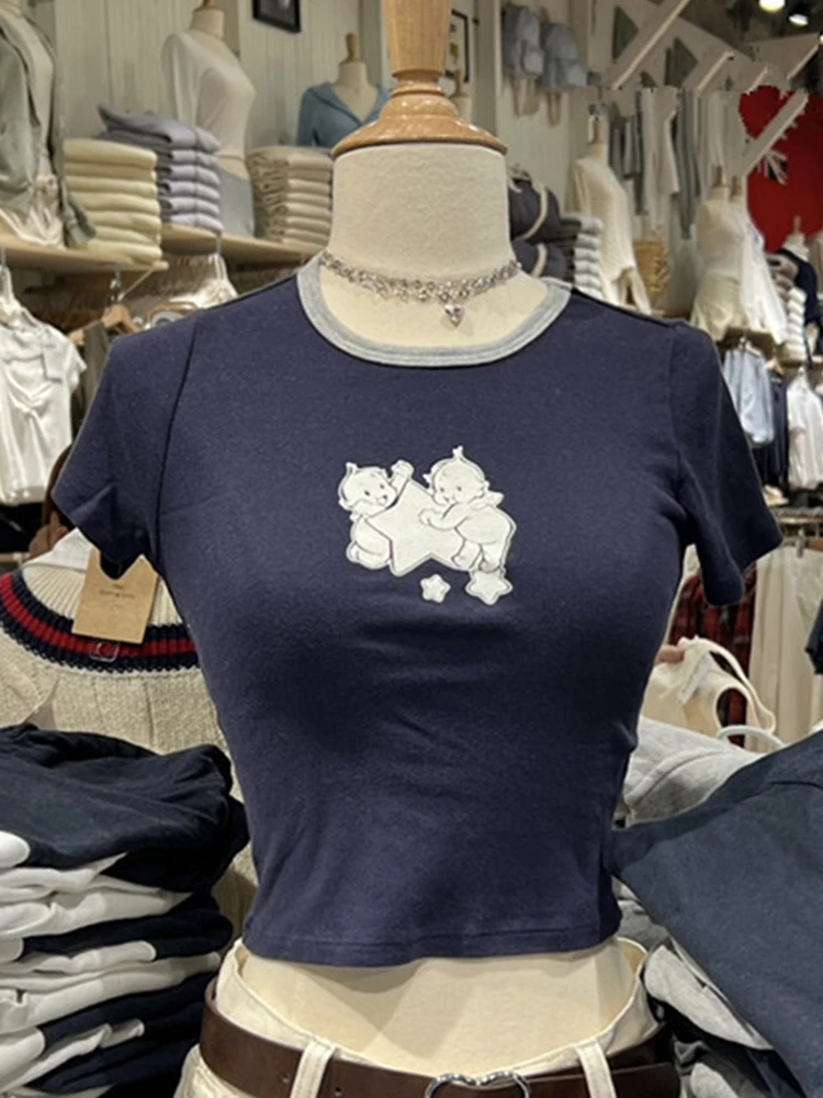 Angel Baby Graphic Slim T-shirts Women Vintage Summer O Neck Short Sleeve Cotton Cute Crop Top Sweet Cartoon Print Y2k T Shirt
