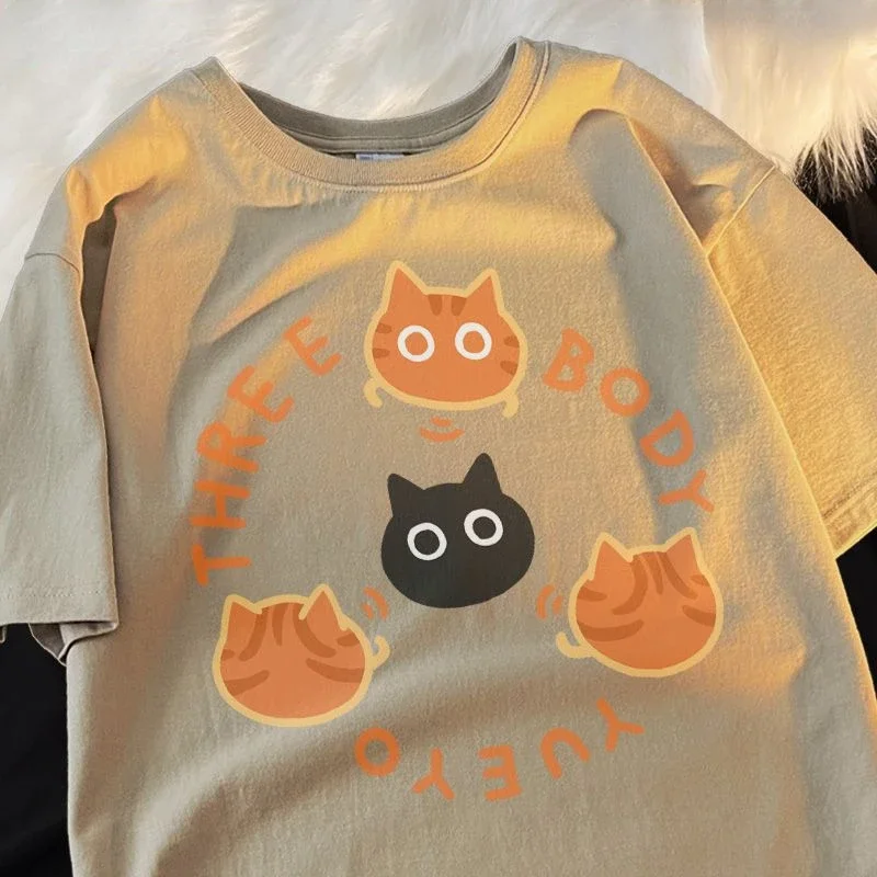 Japanese Cotton Cute Three Body Cat Short Sleeve T-shirt for Men and Women Couples Summer Loose Versatile Half Sleeve Top