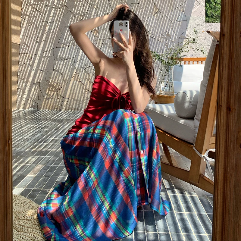 

Красный клетчатый укороченный топ и юбка, женский винтажный сексуальный комплект из двух предметов, жилет с подвесным ремешком, утягивающая летняя повседневная одежда