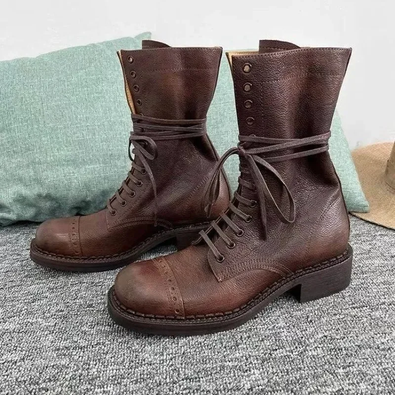 New Maillard Leather Shoes Women Ankle Boots Girl Trend Lace-up Motorcycle Boots Rock Punk Fashion Low Heel Shoes Spring Autumn