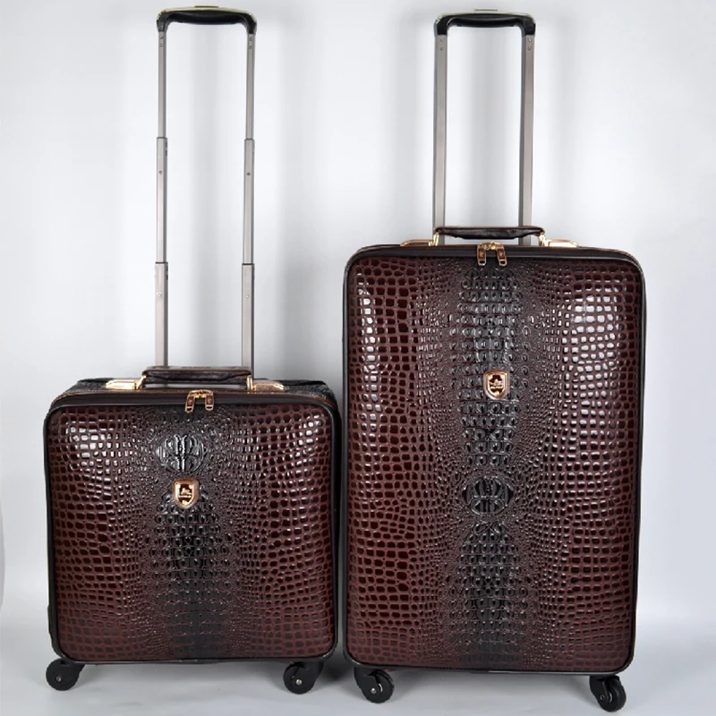 Genuine leather crocodile pattern travel luggage luxury fashion 16/20/24 inch boarding trolley suitcase for men and women